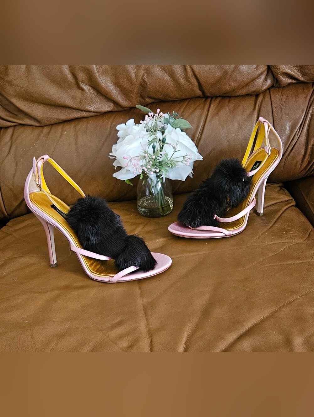 Dolce & Gabbana Pink Satin Brown Fur High-End Designer Luxury Heels Size 6.5 US